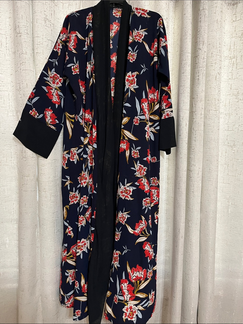 Navy Floral Long Kimono Robe with Black Trim